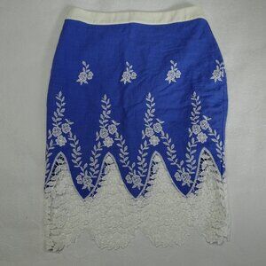 Endless Rose Size Small Pencil Skirt Floral Embroidery Crochet Hem Linen Blend
